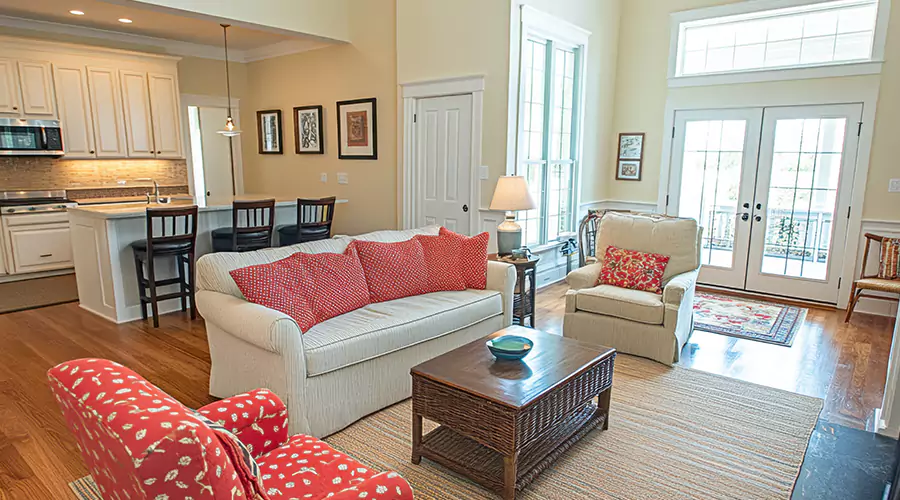 Clean open-concept living room and kitchen after mold remediation